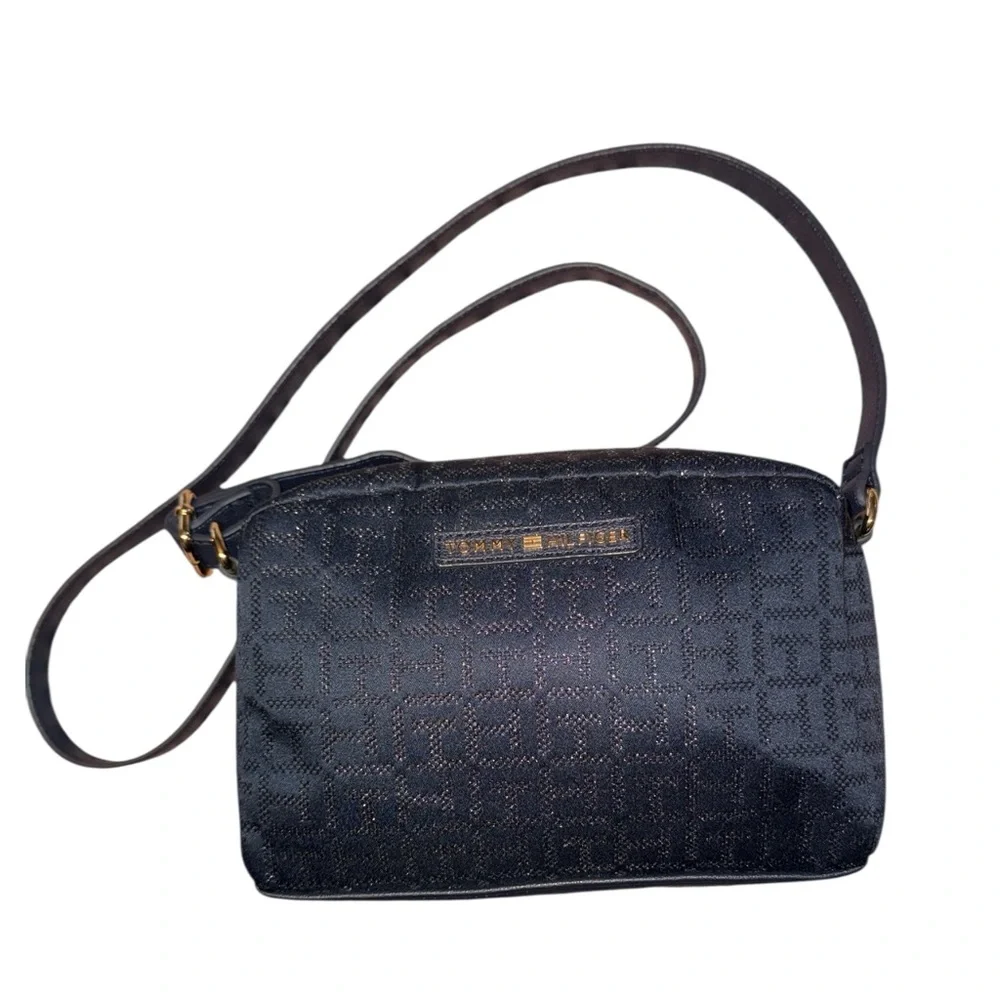 Tommy Hilfiger Dark Navy Monogram Crossbody Bag Adjustable Strap Gold Hardware - Picture 2 of 14